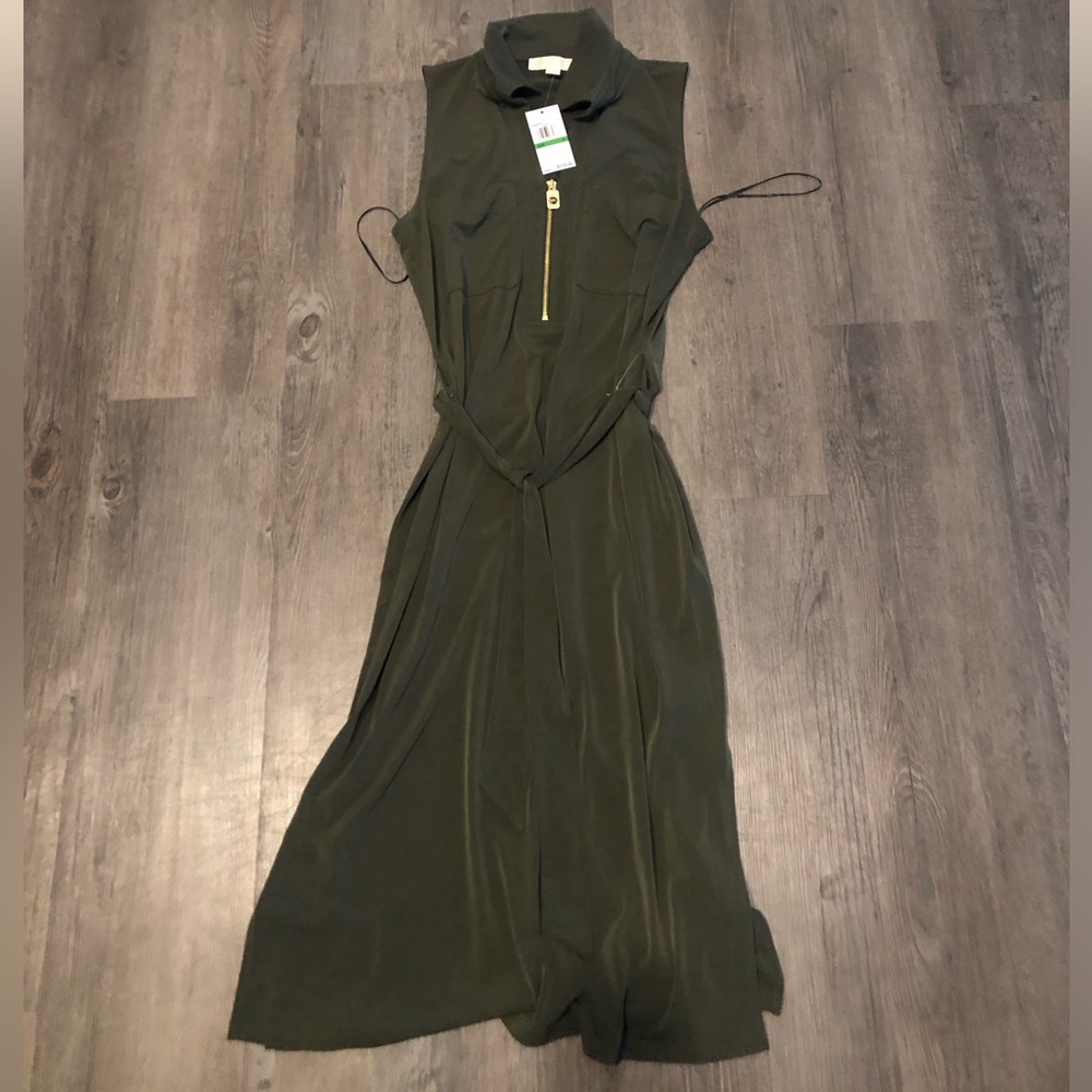 Michael Kors hunter green sleeveless tie waist midi dress size large